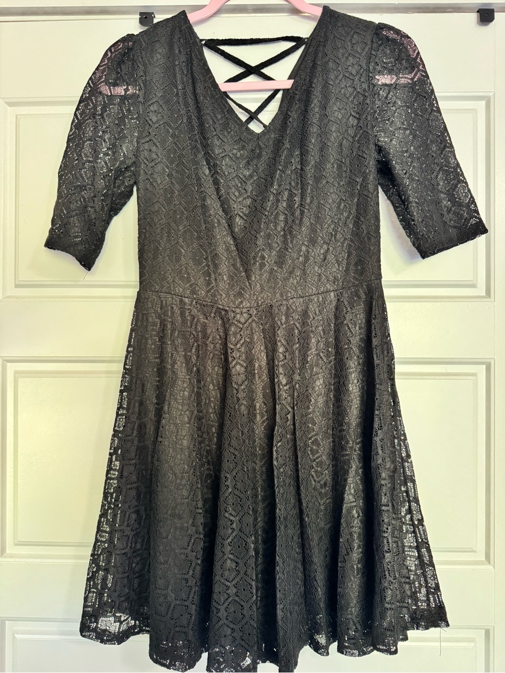 love, Fire Black Lace Fit-and-Flare Dress with Crisscross Back